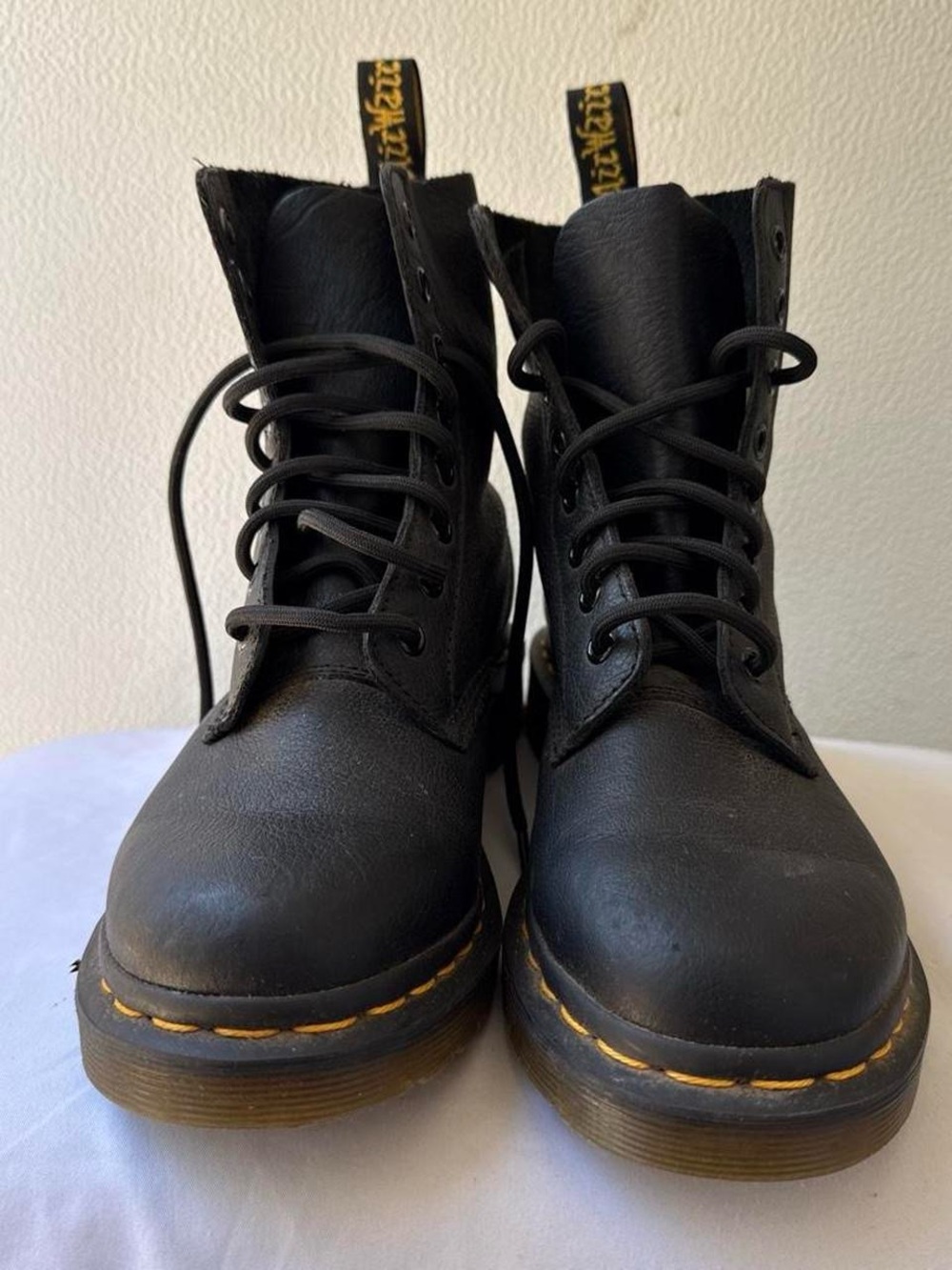 Dr. Martens Black Leather Lace-Up Boots with Yellow Stitching